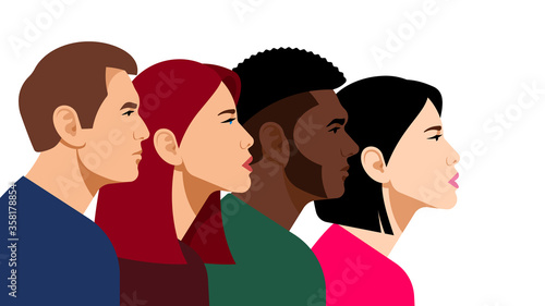 Multi-ethnic group of young people. Beautiful men and women are looking in the same direction. Abstract portraits of students, activists, colleagues, members. Modern flat vector illustration.