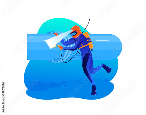 Underwater welding work, diver professional male character repair pipeline isolated on white, cartoon vector illustration. Complex ocean activity, special tool equipment sea employee.