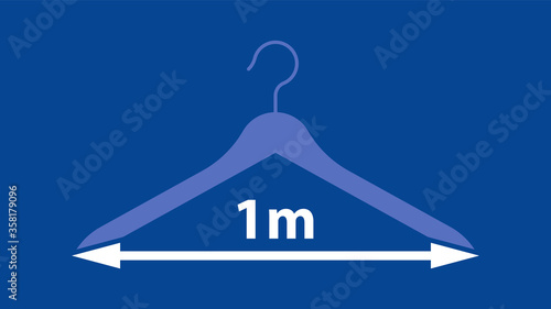 Social distance in a clothing store. Hanger clothes, arrow and inscription 1 meter. Template for shop, boutique, fitting room.