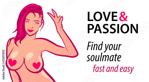 Nude Girl topless with big Boobs showing greeting sign. Vector erotic illustration of Pretty Woman on Mockup with title and text for Header or banner to sex shop or Erotic and Meeting Web Sites.