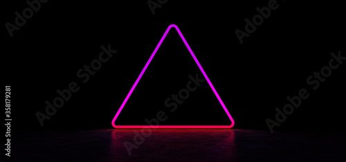 A luminous magenta sign in the shape of a triangle is in a dark space and is reflected in a glossy floor. Luminous pyramid in a dark space. 3D Render