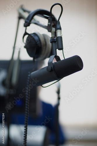 microphones and headphones for radio presenters in the radio room