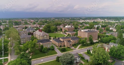 University campus in small Pennsylvania town, aerial drone footage photo