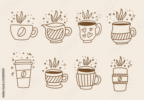 Set of hand drawn vintage coffee doodle icons. Coffee doodles.