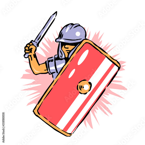 Roman legionary with a sword and shield. Dressed in a metal helmet and armor. Participates in the battle. Vector isolated cartoon illustration.