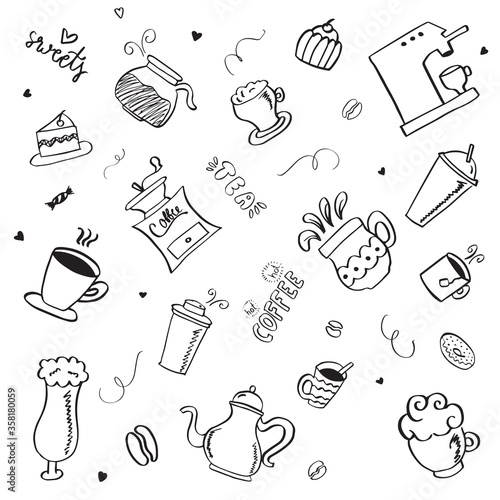 Set of hand drawn vintage coffee doodle icons. Coffee doodles.