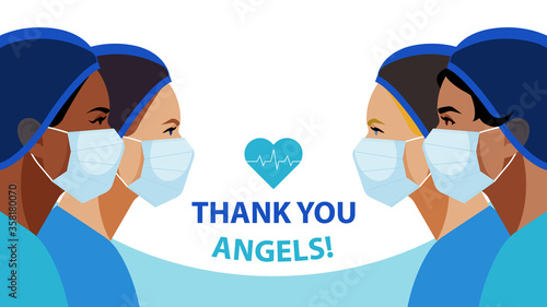 THANK YOU. International Nurses Day. Multi-ethnic women in the uniform of medical staff. Vector illustration of a nurse in blue uniform on a blue. Greeting card.
