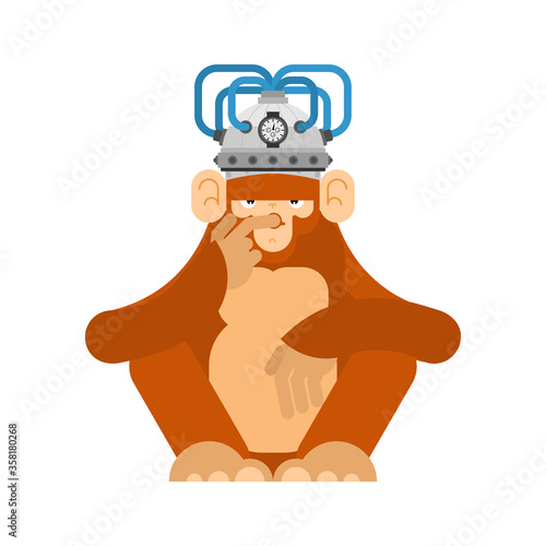 Monkey and brain stimulation helmet. Apparatus Electronic action on brain activity. Chimpanzee and mind stimulator