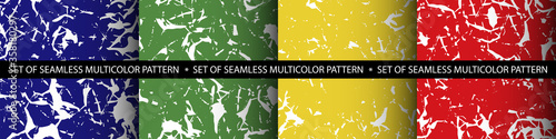 Seamless set of four abstract multicolor patterns with white spots imitating cracks or scratches