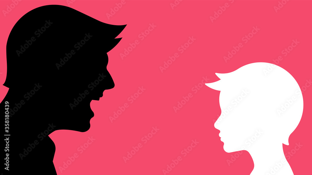 Adult man screams at a child. Father is angry at his son. Silhouettes of parent and child. Education, punishment, suppression, abuse, growing up. Adult man screams at a child. Father is angry at his son. Silhouettes of parent and child. Education, punishment, suppression, abuse, growing up.