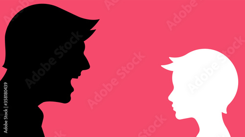 Adult man screams at a child. Father is angry at his son. Silhouettes of parent and child. Education, punishment, suppression, abuse, growing up.