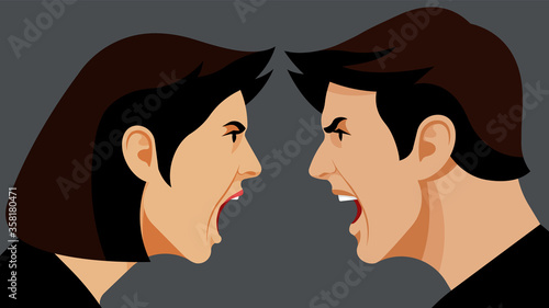 Yelling people. An argument between a man and a woman. Close-up male face and female face. Spock, conflict, divorce, screaming. Family, relationships, scandal, conflict, nervous breakdown.