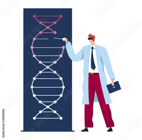 Man doctor, future medicine, genetic experiment, scientist in laboratory explores dna, flat vector illustration, isolated on white. Technologies study, gene development, testing molecular preparations