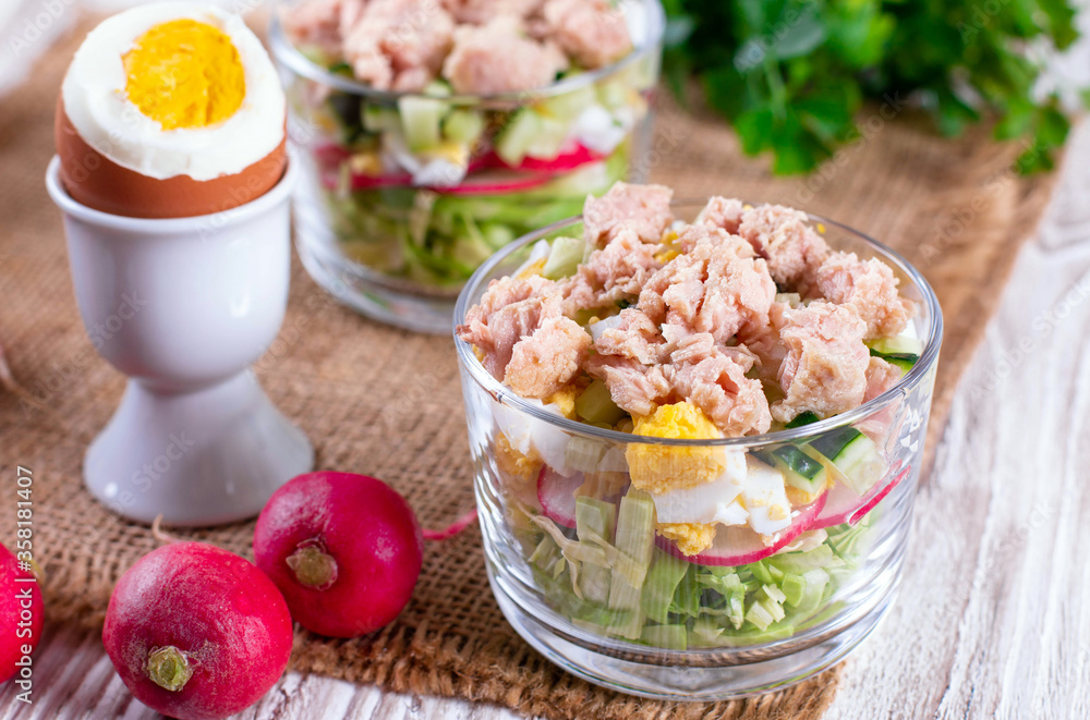 Tuna salad with egg, cabbage, radish and cucumber Tuna salad with egg, cabbage, radish and cucumber