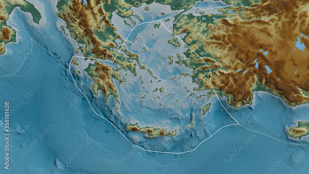 Aegean Sea tectonic plate - outlined. Relief