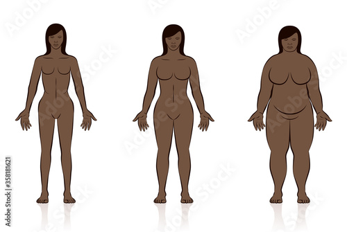 Body types. Slim, normal and fat black woman. Underweight, normal weight and overweight female body. Comic vector illustration of three women with different anatomy.
