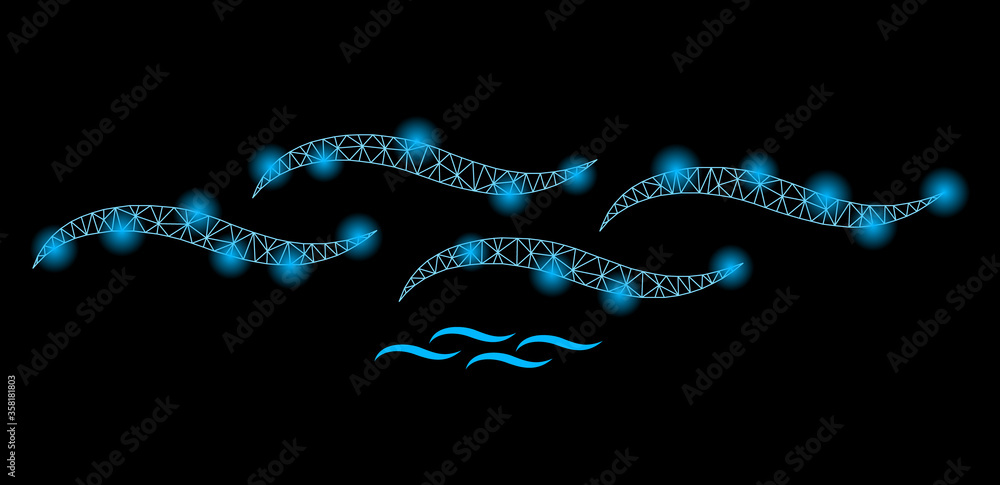 Glowing web mesh water surface with lightspots. Illuminated vector 2d ...