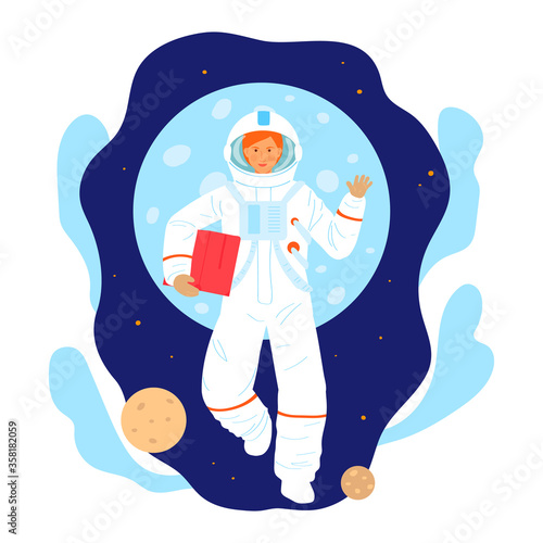 Cosmonaut space research woman character, female astronaut occupation professional researcher isolated on white, cartoon vector illustration. Girl fly open cosmos area, orbit planet earth.