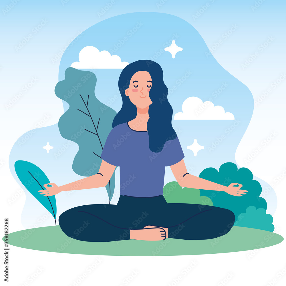 woman meditating in nature and leaves, concept for yoga, meditation, relax, healthy lifestyle vector illustration design