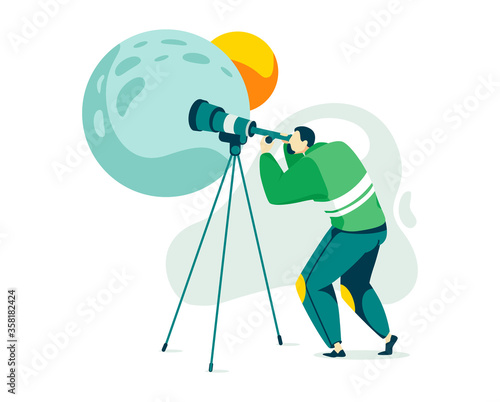 Man character astronomer, male stargazer research night space planet and satellite isolated on white, cartoon vector illustration. Person watch amateur telescope, study cosmic body.