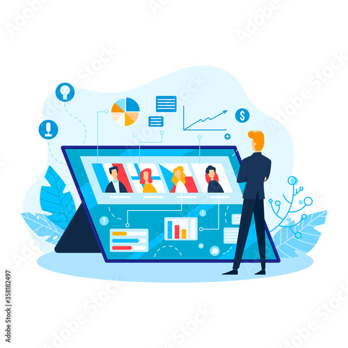 Tiny businessman character communication online social network, business remote chat isolated on white, cartoon vector illustration. Modern teamwork internet dialogue, smart mobile device.