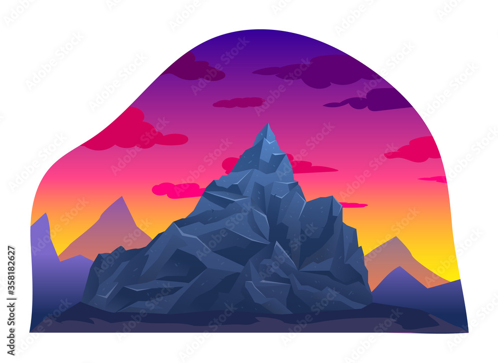 Sunset mountain range natural landscapes, volcanic rock mountain background isolated on white, cartoon vector illustration. Sunrise alpine place, wild area margin. Concept eco clean earth location.