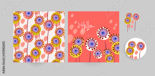 meadow vector set floral blooming card minimalistic square