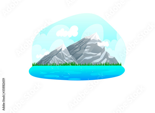 Alpine mountain range natural landscapes, wild area margin mountain clean water river and lake isolated on white, cartoon vector illustration. Concept earth location, mountainous valley for vacation.