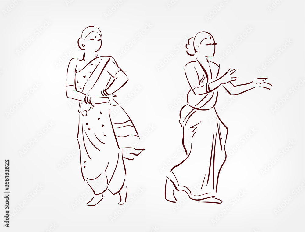 Goa state India ethnic indian woman girl dance traditional sketch isolated design element
