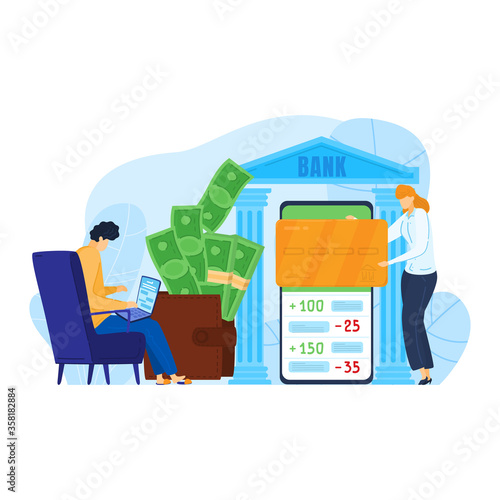 Person male use online mobile banking transfer cash to character woman, concept internet transition fund isolated on white, cartoon vector illustration. Modern bank system, contactless payment.