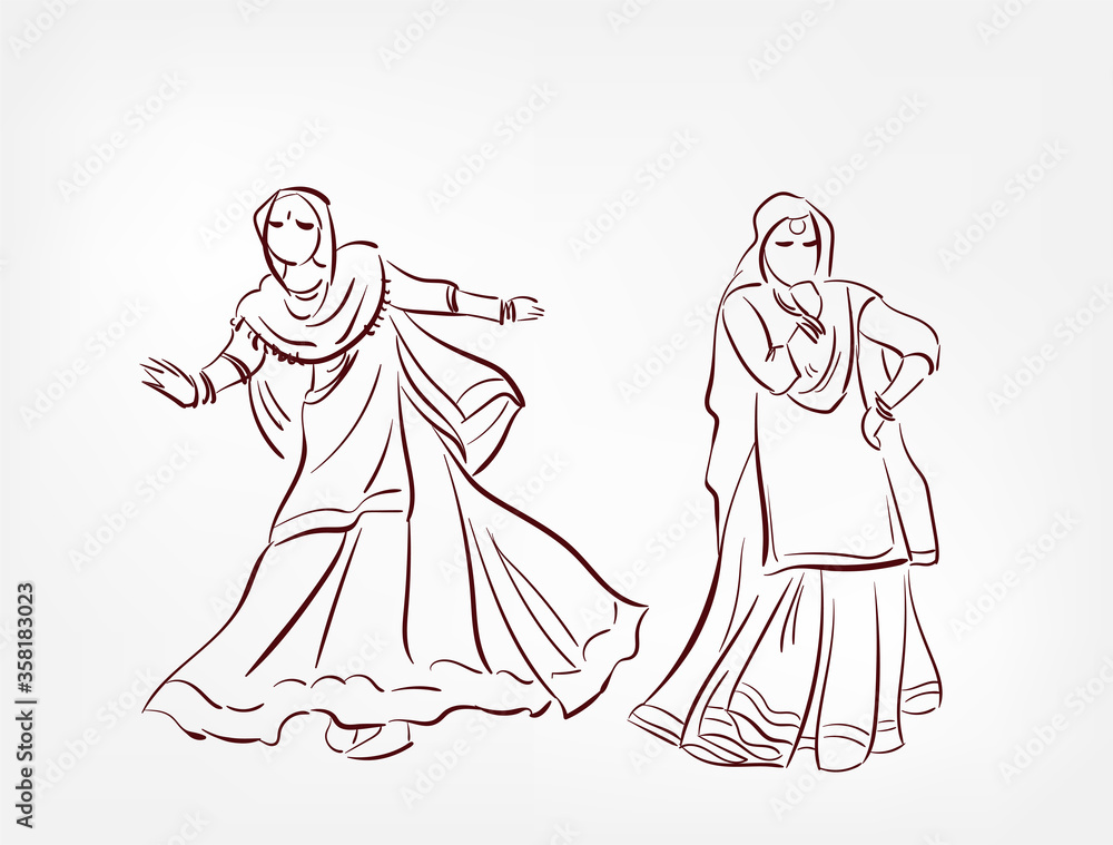 Punjab state India ethnic indian woman girl dance traditional sketch isolated design element Punjab state India ethnic indian woman girl dance traditional sketch isolated design element