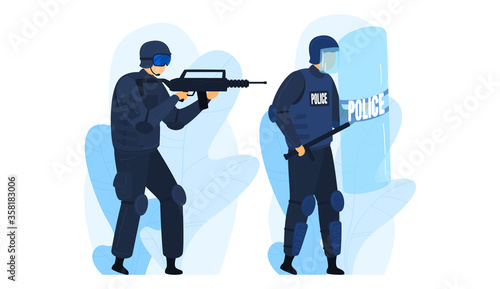 Special force male character work militia, man automatic weapon and body shield isolated on white, cartoon vector illustration. Person stand police case, protect protection civilians.