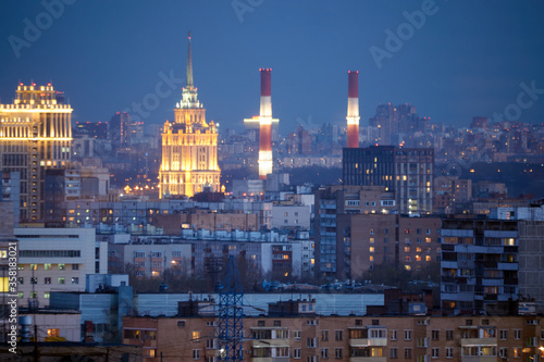 Moscow apartments at night. Hotel Ukraine. CHPP-12 - Moscow power station. Moscow. Russia. © Anna
