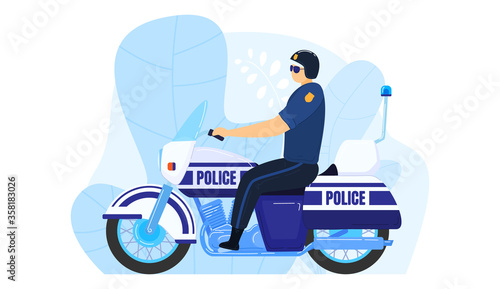 Police officer motorcycle transport work militia, man patrolling urban precinct isolated on white, cartoon vector illustration. Person sitting chopper protect law in city, street security.