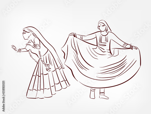 Rajasthan state India ethnic indian woman girl dance traditional sketch isolated design element