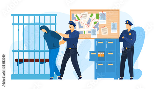 Police station place, detention criminal by police officer work militia, felon man put prison isolated on white, cartoon vector illustration. Concept jail area, attacker imprison cell.