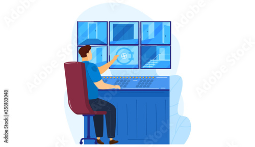 Security surveillance center video camera concept room, policeman service worker watch city security isolated on white, cartoon vector illustration. Male character sitting chair observation screen.