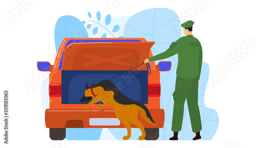 K9 militia dog officer, male character policeman looking evidence in criminal vehicle isolated on white, cartoon vector illustration. Special animal seek illegal drugs, suspect car.