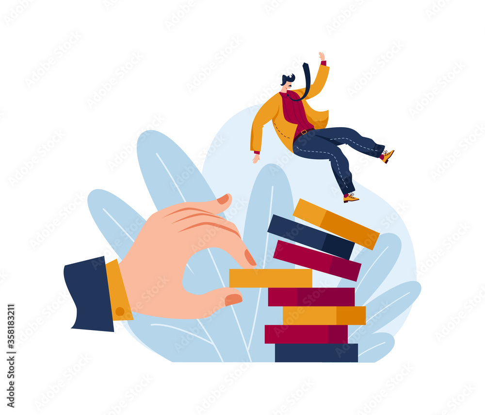 Tiny character male fall down from stack gold money, concept global financial crisis isolated on white, cartoon vector illustration. Trader lose monetary state, hand pull dollar coin. Tiny character male fall down from stack gold money, concept global financial crisis isolated on white, cartoon vector illustration. Trader lose monetary state, hand pull dollar coin.