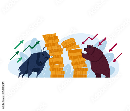 Concept confrontation bear versus bull, world financial crisis isolated on white, cartoon vector illustration. Stock market exchange, animal hold money stack gold coin, investing global share.