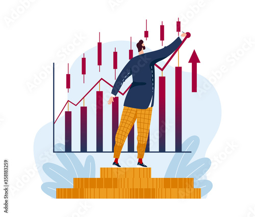 Successful male character trader read stock market, world exchange fundamental analysis isolated on white, cartoon vector illustration. Man standing on gold coin dollar, global financial crisis.