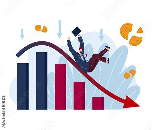 Stock market volatility, world financial crisis tiny businessman lose money, fall global industry isolated on white, cartoon vector illustration. Concept trader roll down infographic.