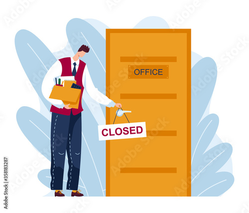 Male character broker trader bankrupt, man lose money cash stock market isolated on white, cartoon vector illustration. Businessman close office dismissal employee, unfortunate share seller.
