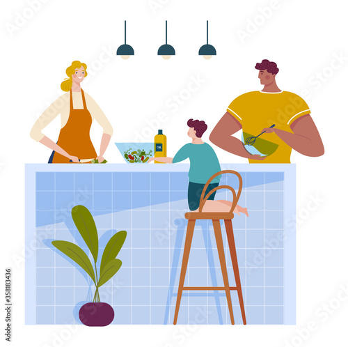 Family together kitchen spend time, mother father and children boy cooking dinner isolated on white, cartoon vector illustration. Lovely couple with child cheerfully prepare foodstuff