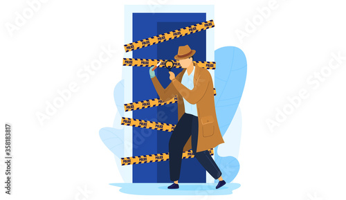 Detective male character work militia, man hold magnifying glass investigation crime scene isolated on white, cartoon vector illustration. Person stand police tape door, examination evidence.