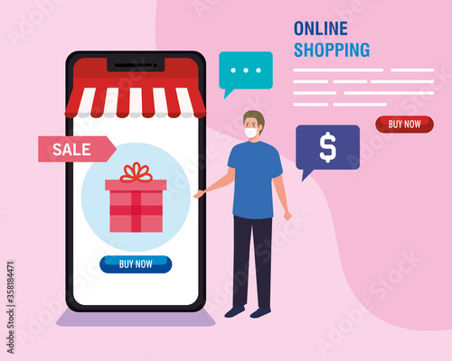 man buying online during covid 19 , shopping online on website, digital marketing in smartphone, stay safe during coronavirus vector illustration design