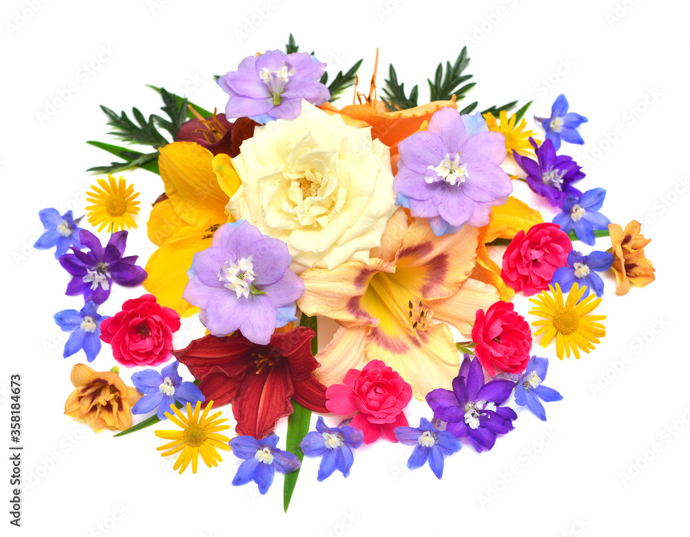 Collection of flowers delphinium, rose, daisy and hemerocallis isolated on a white background. Stylish floral arrangement. Flat lay, top view