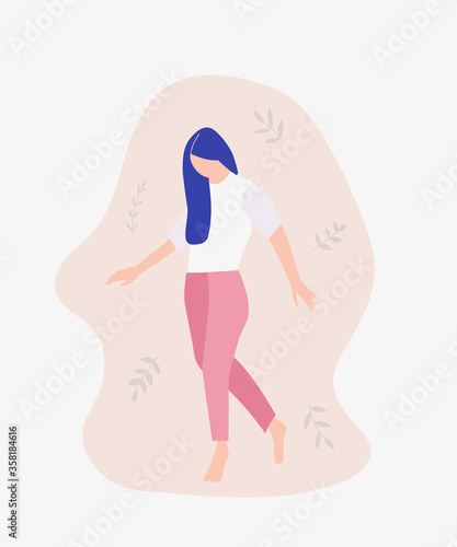 Elegantly moving lady vector illustration. Dancing woman. Female trying on clothes. Girl at podium modelling. Feminine concept for beauty industry. Summertime with leafs. Freedom and feminism. 