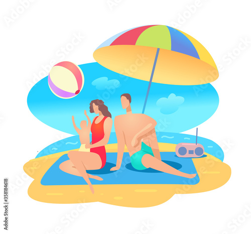 Family summer beach vacation at sea. Mom, dad and baby. Holidays at sea. Summer, heat, water. Vector flat illustration © Oleg