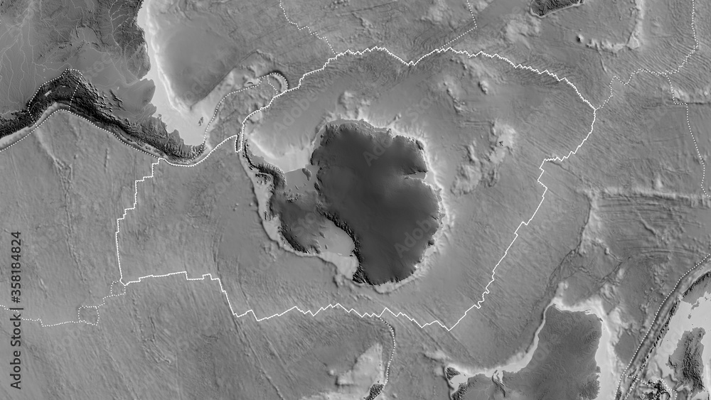 Obraz premium Antarctic tectonic plate - outlined. Grayscale